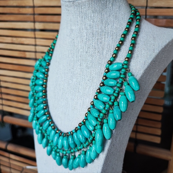 Aqua Turquoise Glass Beaded Bib Collar Style Necklace Vintage EUC Mermaid Brass - Picture 5 of 8